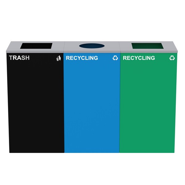Alpine Industries 87 Gal. 3-Stream Steel Blue Recycling, Green Recycling, and Black Commercial Trash Can Station ALP4450-BLK-KIT35 - main